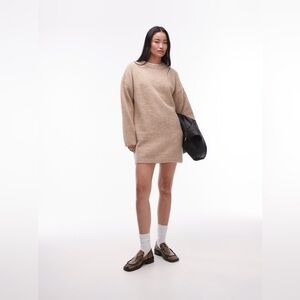 Topshop Knit Fluffy Crewneck Oversized Drop Shoulder Ribbed Trim Dress in Oat
